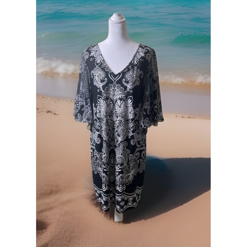 MSK Black & White Paisley Open Back 3/4 Flutter Sleeve Knee Length Dress Size L